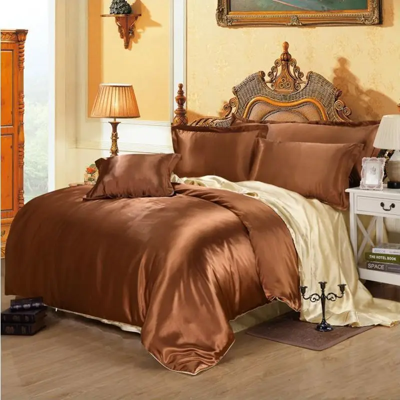 

Coffee Solid Color Imitated Silk Satin Bedding Set Queen King 4Pcs Bedclothes Bed Set Duvet/Quilt Cover Flat Sheet Pillowcase
