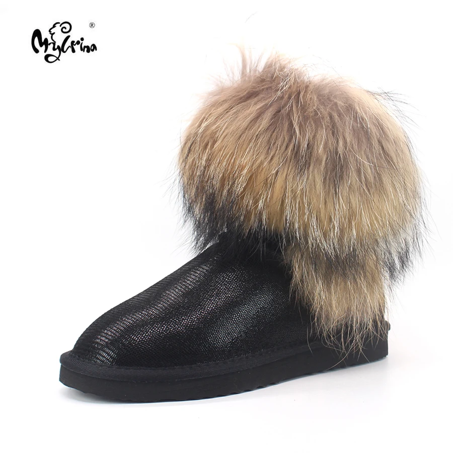 

2018 New Fashion Women's 100% Natural Fox Fur Snow Boots Genuine Cowhide Leather women Boots Female Non-Slip Winter Shoes