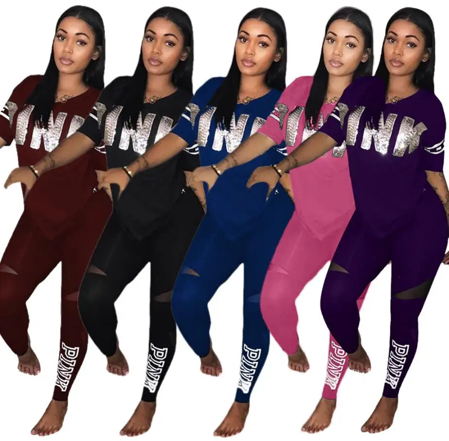 

Pink Letter Print Tracksuits Women Two Piece Set 2018 Spring Street t-shirt Tops and Jogger Set Suits Casual Bodcon 2pcs Outfits