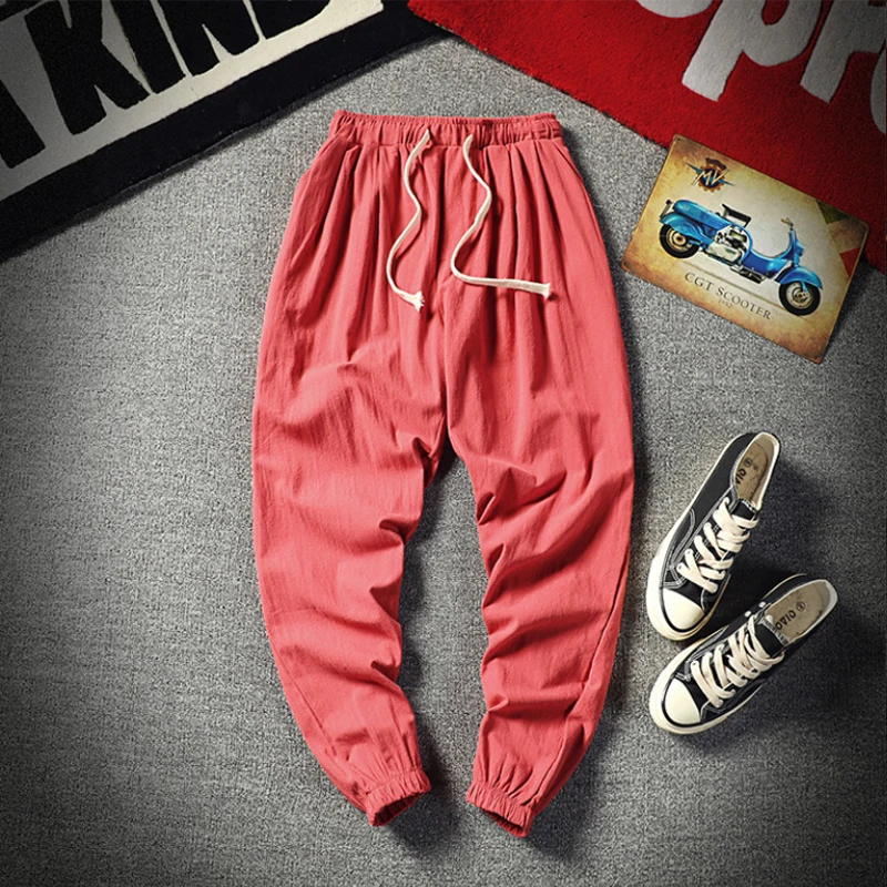 Linen Pants Summer Large Size Men'S Sports Harem Pants, Outdoor Sports Fitness Jogging Casual Pants - Color: Red