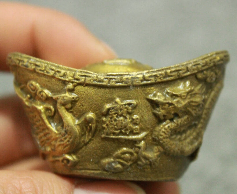 

Folk Chinese Brass FengShui Flying Dragon Phoenix Statue Wealth Money YuanBao