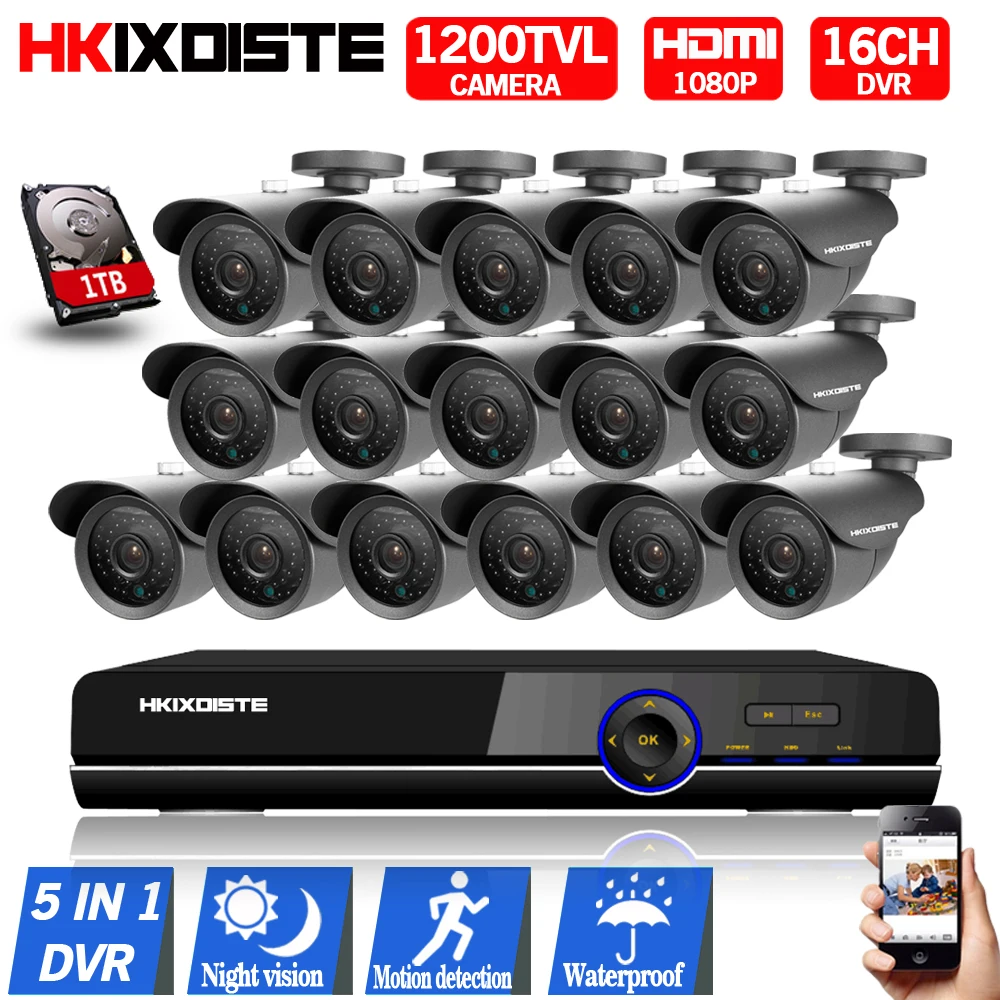 Детектор движения CCTV DVR 16 канальный AHD 1080 P CCD HD 1200TVL 720 водонепроницаемый ночного