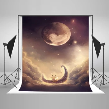 

TR Fairytale Photography Backdrop Big Moon Small Boat with Glitter Star Backgrounds for Photo Studio Baby Birthday Photocall
