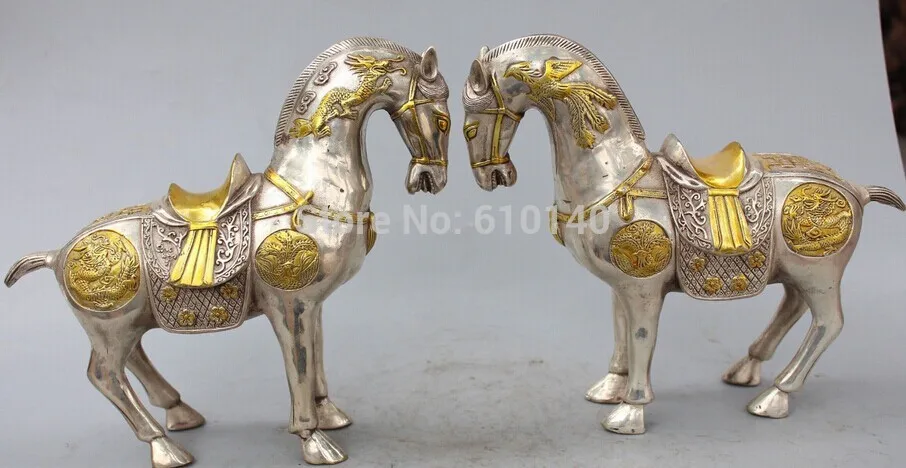 

10" Chinese Silver Gilt Animal Dragon Phoenix Tang Horse Horses Pair Statue