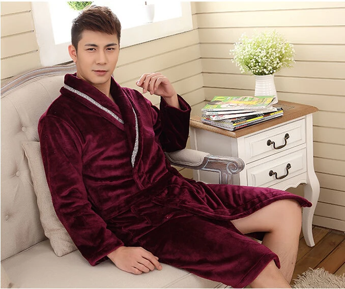 Thick Man Winter Bathrobes Dark Red Flannel Robes Very Soft Spa Robe