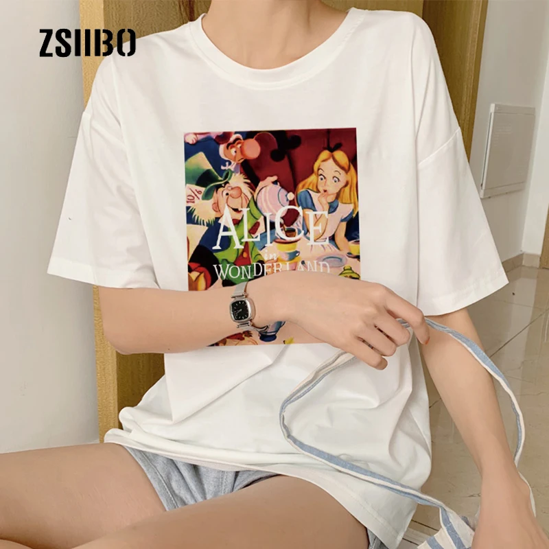 

Alice Princess spoof casual letters Harajuku short-sleeved fashion tops S-XXL loose cartoon summer female tees couple T-shirt