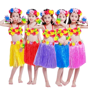 

5PCS/set Kid Grass Skirts Hawaiian Costumes Plastic Fibers Bra Headband Wristband 40cm Hula Skirt Girl Fancy Dress Up