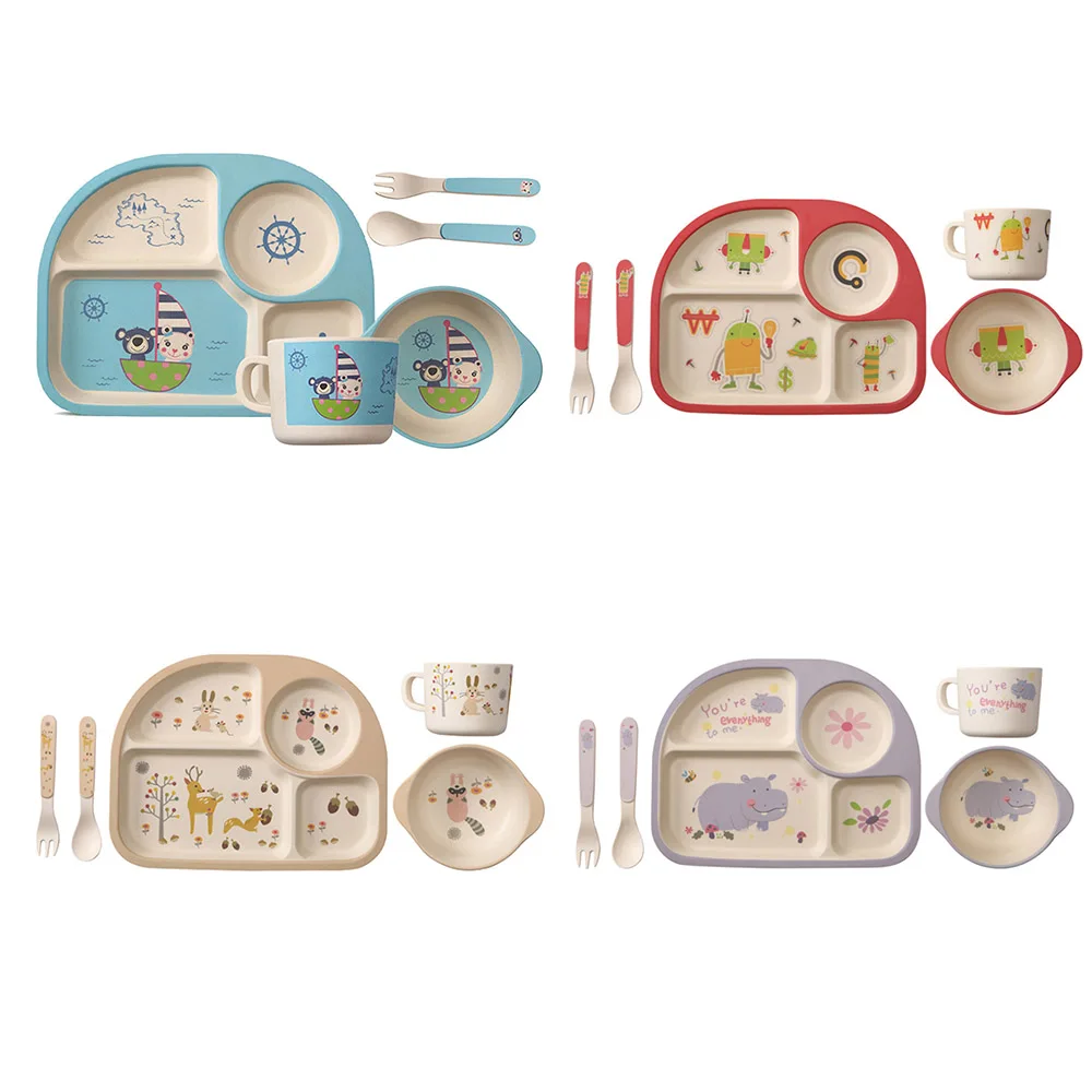 5pcs/set Bamboo Fiber Children Tableware Set Baby Dinnerware Plate Dishes Bowl With Spoon