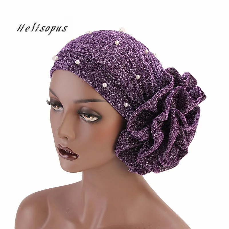 

Helisopus 2019 Women Beaded Glitter Muslim Turban Big Flowers Headband for Women Hair Lose Cap Head Wraps Hair Accessories