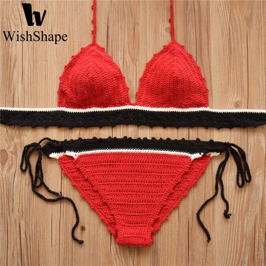 Handmade Knitted Swimsuit Sexy Red Crochet Bikini Set Swimwear Push Up Biquinis Feminino