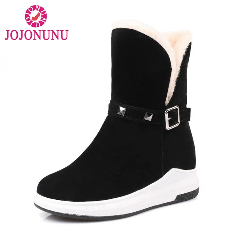 

JOJONUNU Winter Warm Flats Snow Boots Women Fashion Buckle Plush Fur Mid Calf Boots Round Toe Rivets Shoes Women Size 33-43