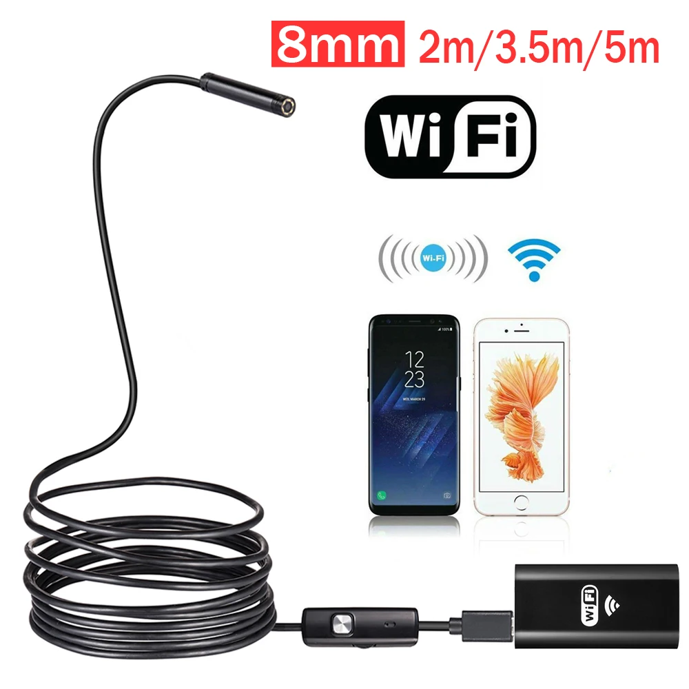 

WIFI Endoscope Camera 8MM 2/5M Waterproof Soft Cable Inspection Camera USB Endoscope Borescope IOS Endoscope For Iphone