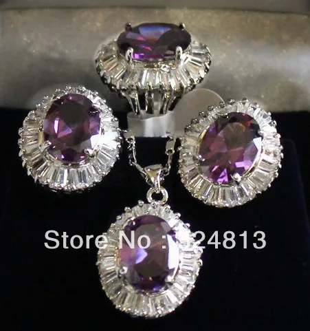 

Brand New High Quality Fashion Picture Lovely Sets silver purple crystal pendant necklace Stud earring Ring #2219