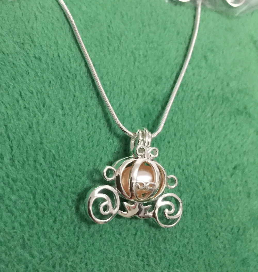 

925 Sterling Silver Pumpkin Carriage Pearl Cage Locket Necklace, DIY Pendant Necklace Christmas Valentine's Day Jewelry Gift