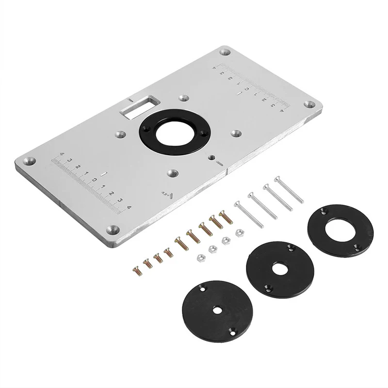 

Multifunctional Aluminum Router Table Plate w/ 4 Router Insert Rings Screws for Woodworking Benches Trimmers Routers