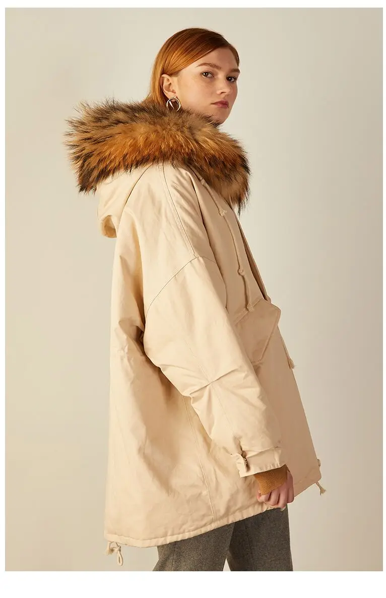Женские парки, зимняя женская куртка, 90% белый утиный пух, длинная толстая парка с воротником из натурального меха енота, пальто с капюшоном