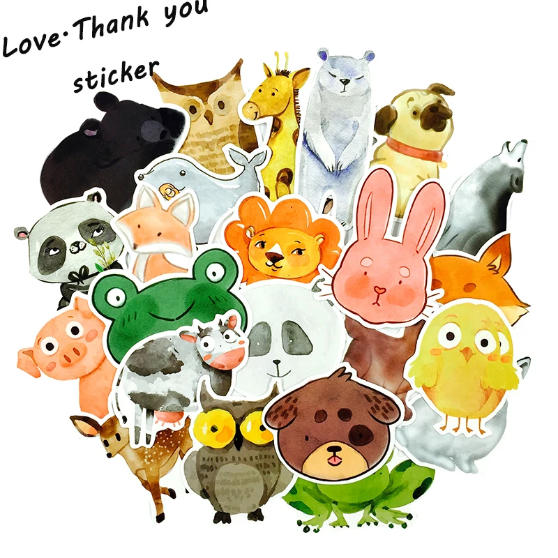 50pcs/lot Watercolour Style Waterproof Cute Cartoon Animal Stickers For Car Laptop Phone Pad Bicycle Decal Kids Gift Cat Pig Dog