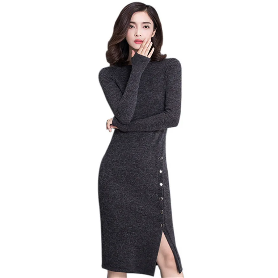 2018 Autumn Winter Dress Women Long Sleeve High Split Single Breasted Sexy Party Dresses Black Grey