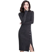 2018 Autumn Winter Dress Women Long Sleeve High Split Single Breasted Sexy Party Dresses Black Grey
