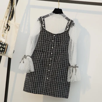 

HAMALIEL Plus Size Spring Women Skirt Suits Sexy White Hollow Out Lace Tops Suit + Black Tweed Beading Halter Dress Skirt Sets