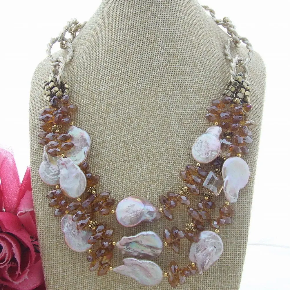 

FC122709 21" 3 Strands 21x31MM Keshi Pearl Crystal Necklace