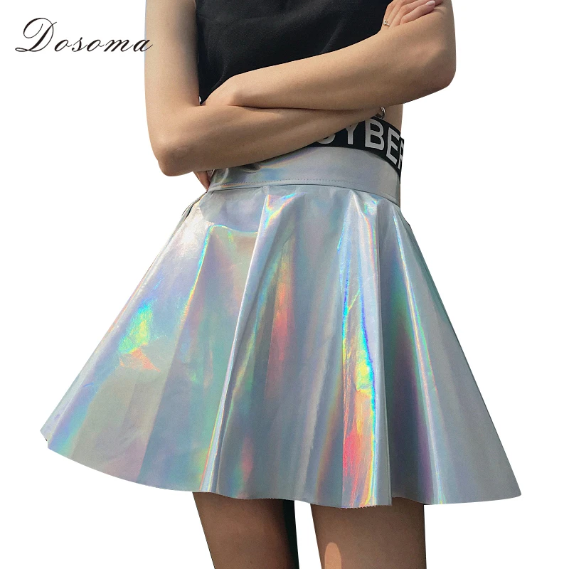 DOSOMA INS glossy pu leather skirt 2018 Women summer high waist elastic