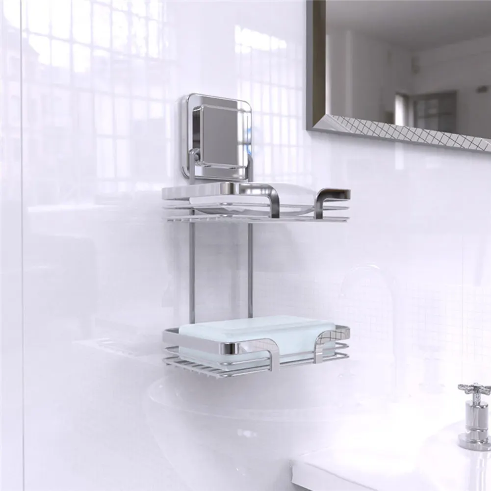 

Stainless Steel Double Layer Bathroom Soap Dish Holder Rack Kitchen Bathroom Storage Suction Cup Basket Shelves