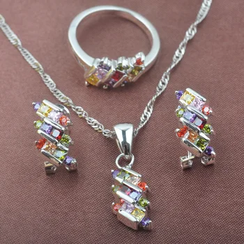 

New Band Multicolor Zirconia Women's Silver Color Jewelry Sets Necklace Pendant Earrings Ring TZ0547