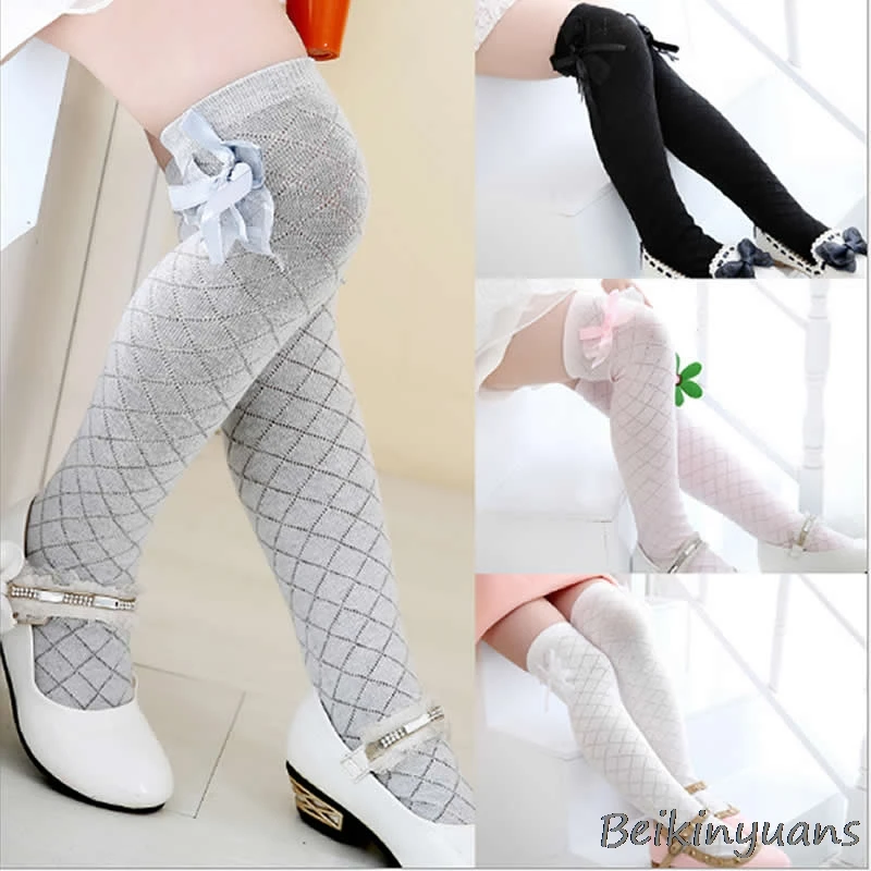 

Kids fall tube socks rhombus lattice socks cotton lace bow knot thin cotton 100% knee high above long socks princess sock