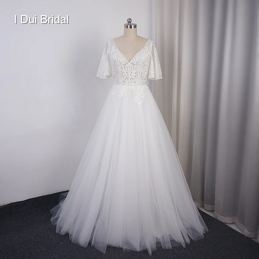 

Flare Sleeve Wedding Dresses V Neck Lace Bridal Gown Factory Custom Made Real Photo Beach Reception Wedding Gown