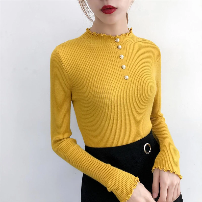 JEASS Winter Woman Sweater Knitting Pullovers Women Turtleneck Sweaters and Pullovers with Button High Elastic Solid Sweater