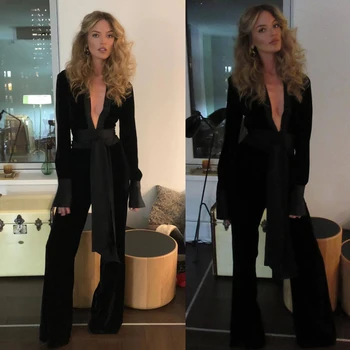 

Fashion Deep V Neck Sexy Women's Long Jumpsuit 2019 New Autumn Ladies Black Velvet Long Sleeve Bandage Wide Legs Rompers Female