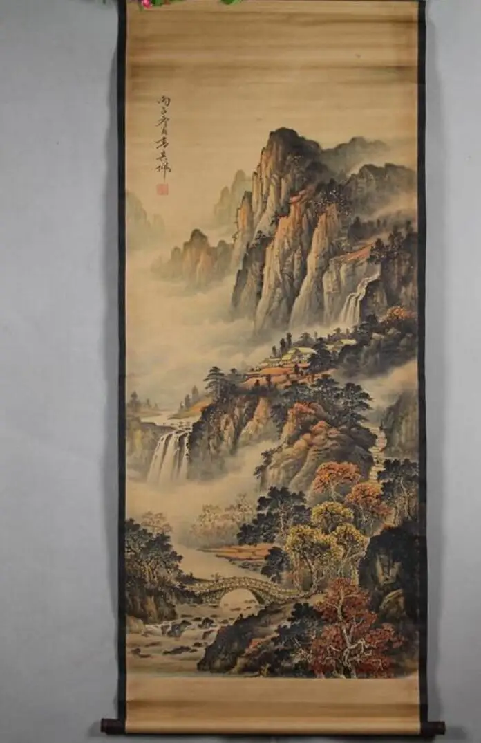 

Antique painting traditional Chinese "Gao qi pei "Mountain landscape painting scroll painting,old paper painting