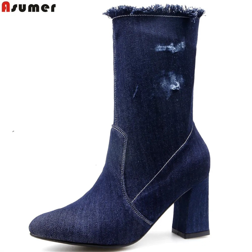 

ASUMER blue denim fashion new arrivel women boots square heel zipper ladies boots round toe elegant ankle boots big size 34-43
