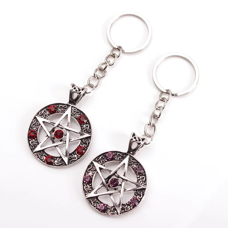 

Wiccan Pentagram Key Chain Pentacle Key Ring Red And Purple Style Gothic Star Keychian Wicca Jewelry