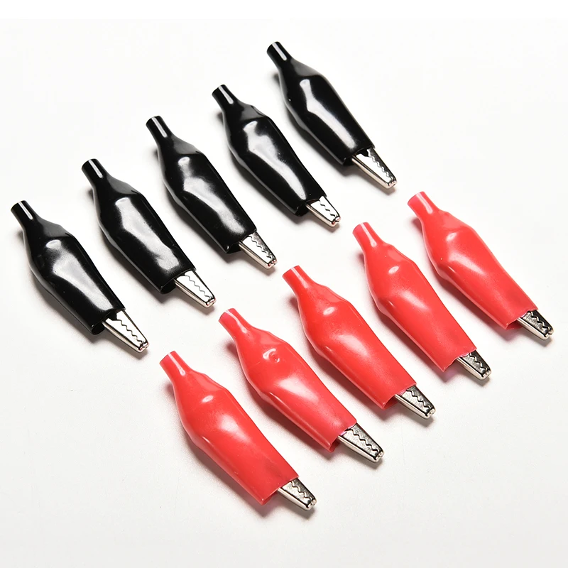 

Hot 10pcs/lot 44MM Metal Alligator Clip Crocodile Electrical Clamp for Testing Probe Meter Black and Red with Plastic Boot