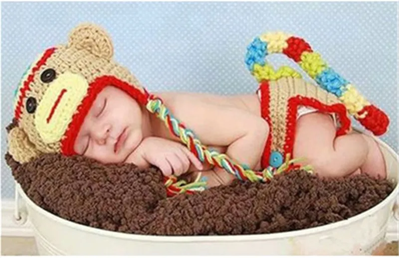 

Baby Photography Props Handmade Knitting Soft Hat Pants Monkey Set Baby Boy Clothing Newborn Photography Accessories Fotografia