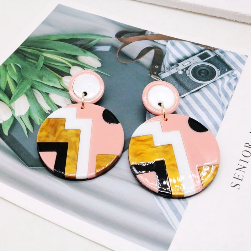 

Free Shipping Geometric Pink Mixed Resin Acetate Earring Colorful Earring