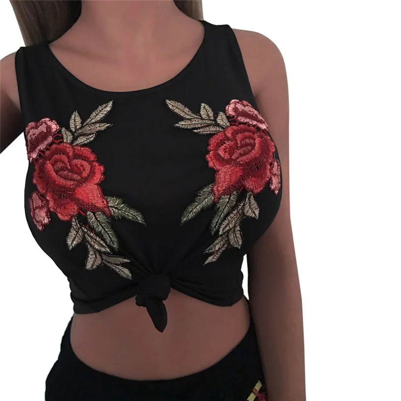 

New Stylish Women Crop Top Tribal Print Appliques Rose O-Neck Tank Top Party Vest Short Shirt Camisole Femmes #GY13 MY15