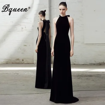 

Bqueen Solid Halter Sleeveless Sheath Floor Length Backless Women Sexy Evening Party Women Dress Vestidos With Bow 2019