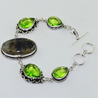 

Jaspers & Peridots Silver Overlay on Copper Bracelet , 20 cm, B1645