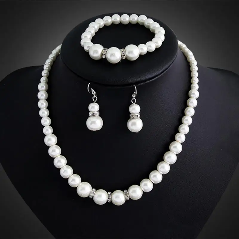 

1 Set Classic Beads Wedding Jewelry Set Gift Elegant White Jewelry Set Necklace Earrings Bracelet For Ladies Women