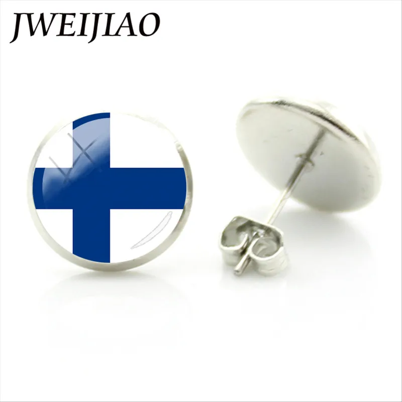 

JWEIJIAO Finland Switzerland Germany Belgium Flag Earrings Canada Australia Flag 12mm Stainless Steel Stud Pin Earrings FG31