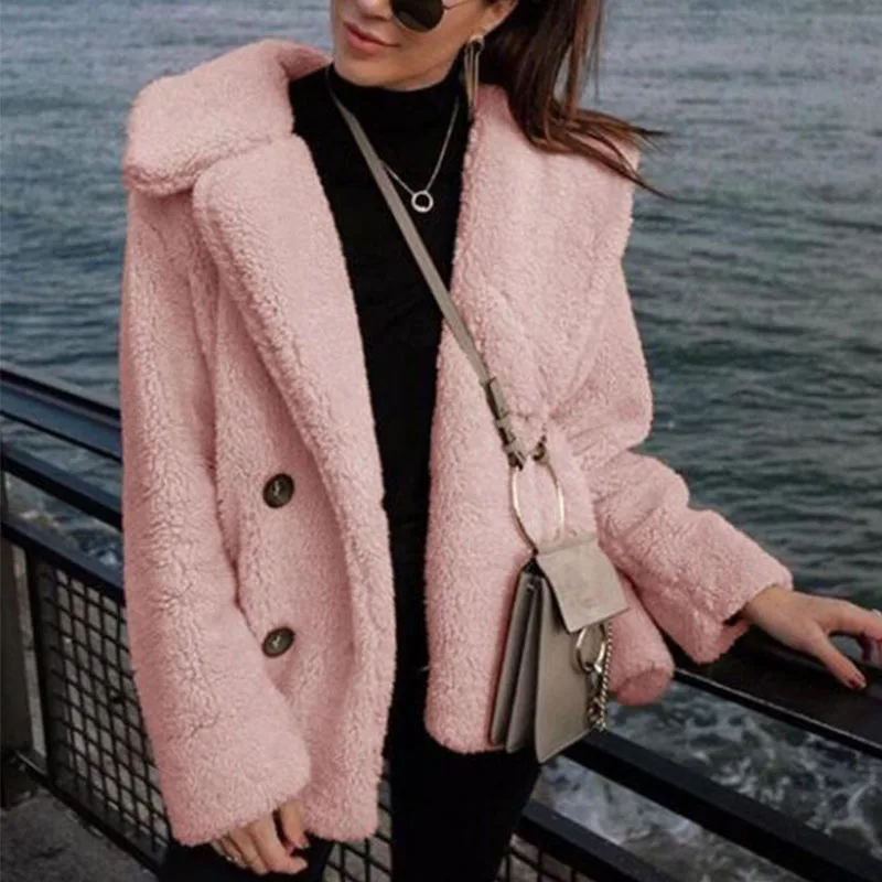 

2019 Europe and America Autumn Winter plus size coat women winter pockets thick Leisure coat soft plush overcoat female aa1056