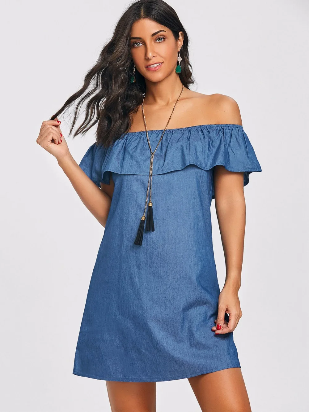 VESTLINDA Off The Shoulder Flounce Denim Dress Mini Short Casual Women Dress Summer 2018 Vestidos De Festa Female Shift Dress 1