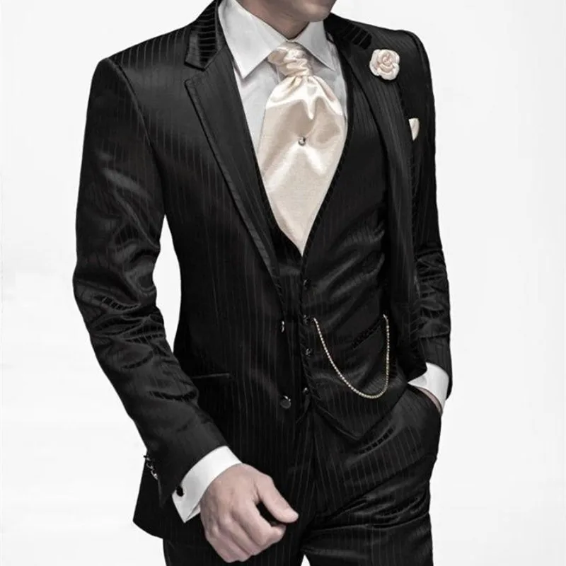 

Fashionable Two Button men suit Black Stripe Groom Tuxedos Groomsmen Mens Wedding Suits Prom Bridegroom (Jacket+Pants+Vest+Tie)