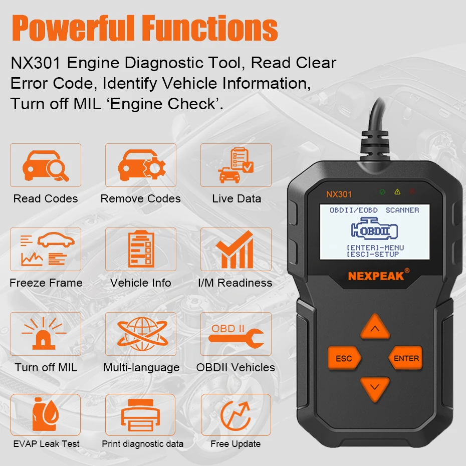 Автомобильный сканер NEXPEAK OBD2 NX301 полностью OBD 2 функция автоматический