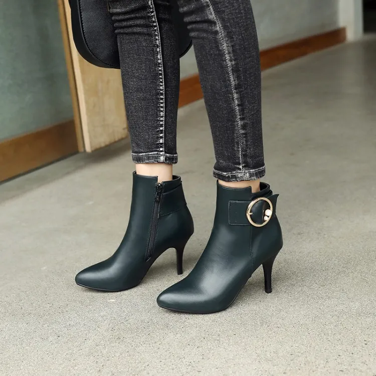 

Big Size 11 12 13 14 15 Chelsea Boots Decorated with Tip Fine Heel High Heel Side Zipper Short Barrel Belt Buckle Metal