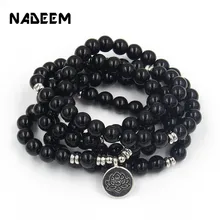 New 108 Mala Black Onyx Stone With Lotus OM Buddha Charm Yoga Bracelet Necklace Women Men Natural Stone Yogi Bracelet Jewelry New 108 Mala Black Onyx Stone With Lotus OM Buddha Charm Yoga Bracelet Necklace Women Men Natural Stone Yogi Bracelet Jewelry