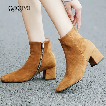 

Women Winter Warm Ankle Boots Flock Leather Comfortable Square Low Heels Booties Fashion Sqaure Toe Zipper Boots Ladies Shoes